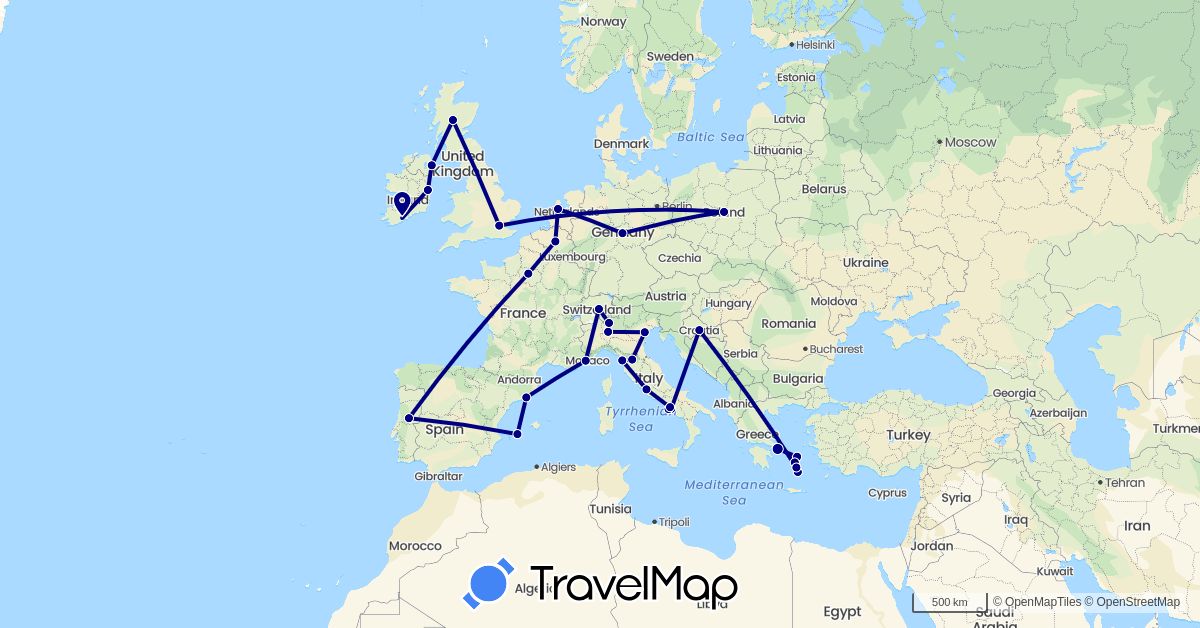 TravelMap itinerary: driving in Belgium, Switzerland, Germany, Spain, France, United Kingdom, Greece, Croatia, Ireland, Italy, Netherlands, Poland, Portugal (Europe)